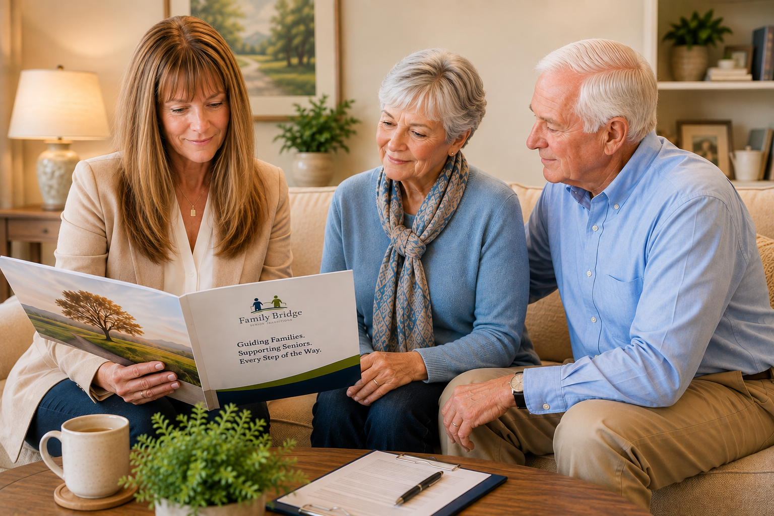 Andrea Butler reviewing Family Bridge options with a senior couple